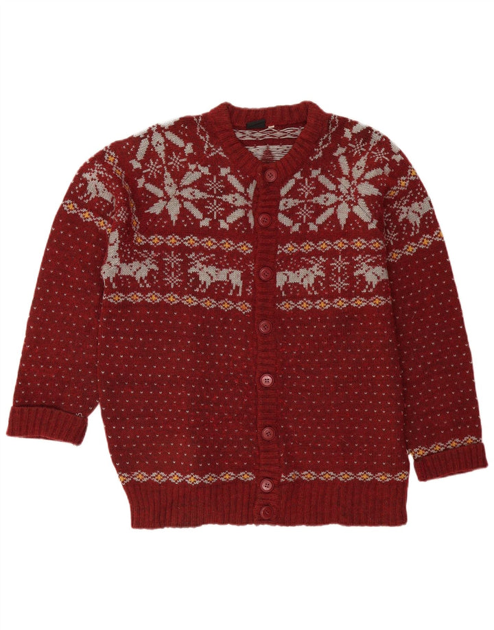 VINTAGE Herren Cardigan Pullover Große Burgunder Fair Isle Wolle