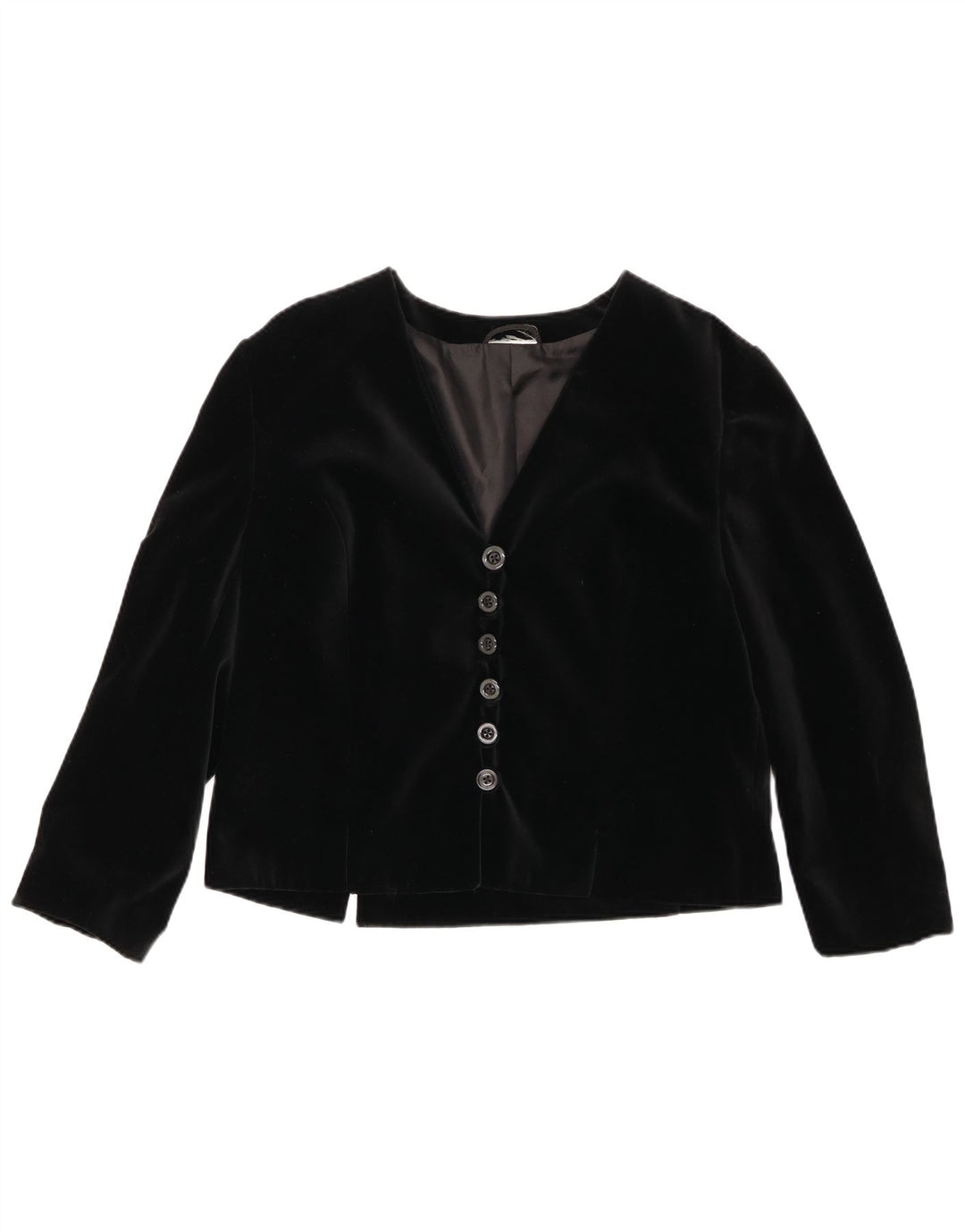 Vintage Damen Samt 6-Knopf-Blazerjacke UK 14 Mittelschwarze Baumwolle