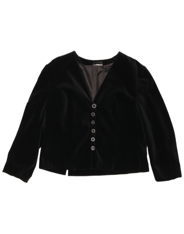 Vintage Damen Samt 6-Knopf-Blazerjacke UK 14 Mittelschwarze Baumwolle