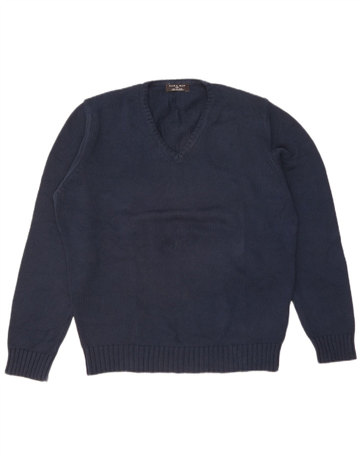 Zara Herren-Pullover mit V-Ausschnitt, groß, marineblaue Baumwolle