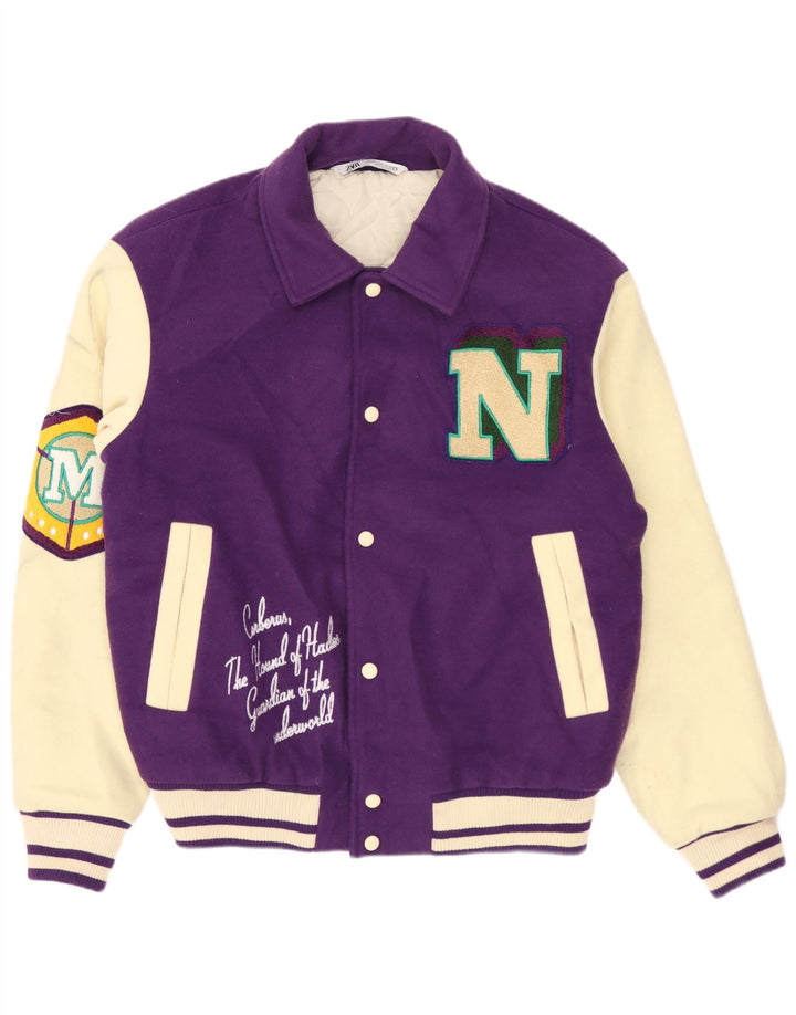 ZARA Herren Graphic Varsity Jacke UK 38 Mittellila Farbblock-Polyester
