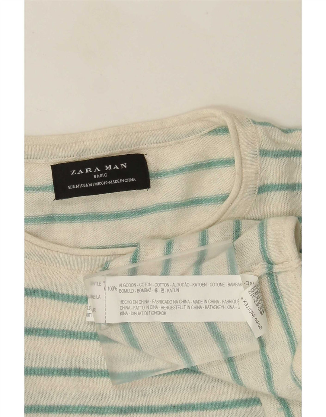 Zara Herren-Pullover mit Rundhalsausschnitt, mittelgrün, gestreift, Baumwolle