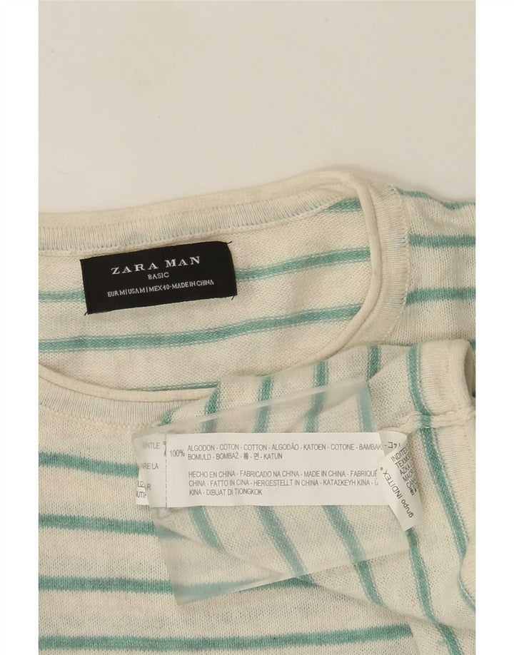 Zara Herren-Pullover mit Rundhalsausschnitt, mittelgrün, gestreift, Baumwolle