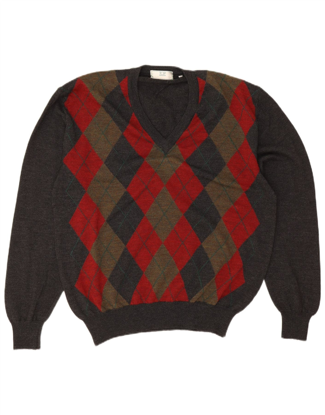 Vintage Herren Pullover mit V-Ausschnitt IT 50 Mittelgrau Argyle/Diamant