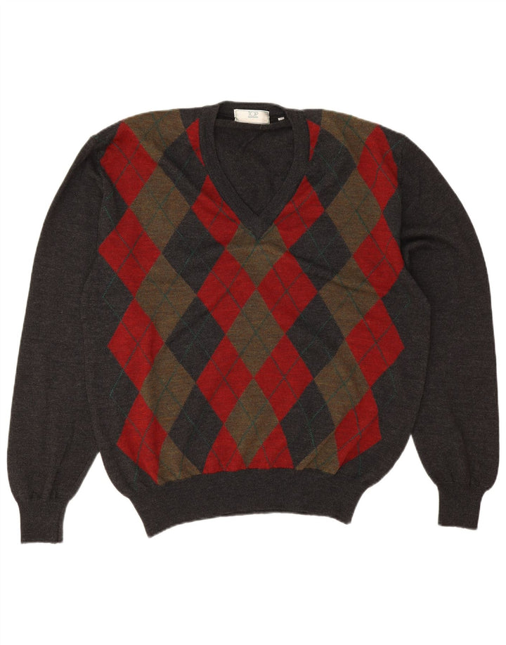 Vintage Herren Pullover mit V-Ausschnitt IT 50 Mittelgrau Argyle/Diamant