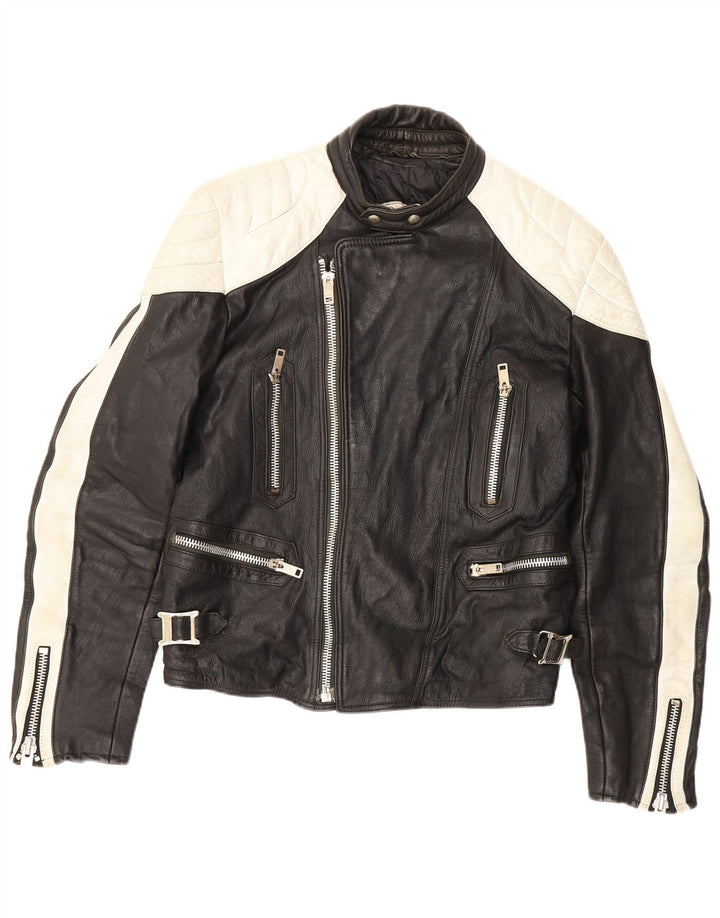 Vintage Herren-Leder-Racer-Jacke, UK 38, Mittelschwarz, Farbblock