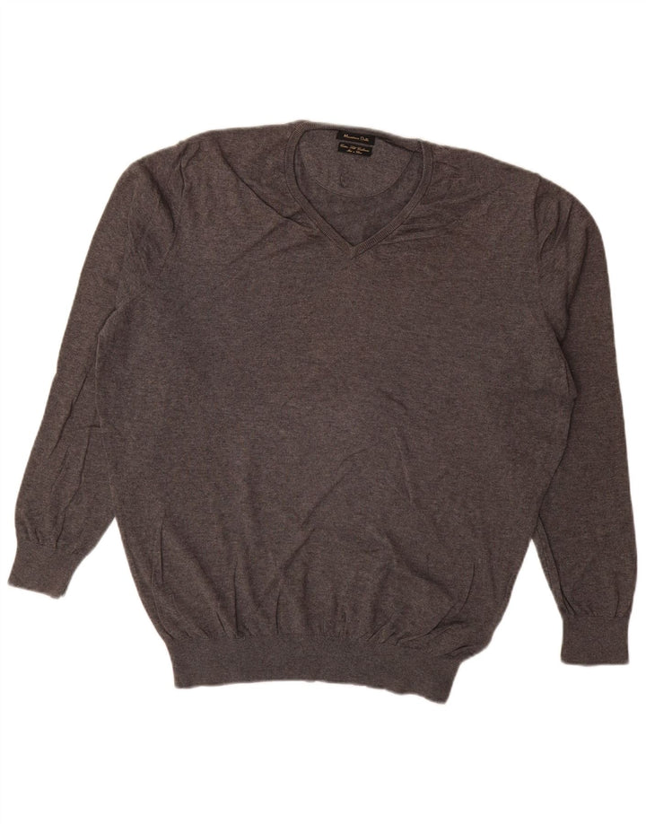 MASSIMO DUTTI Herren-Pullover mit V-Ausschnitt, XL, graue Baumwolle