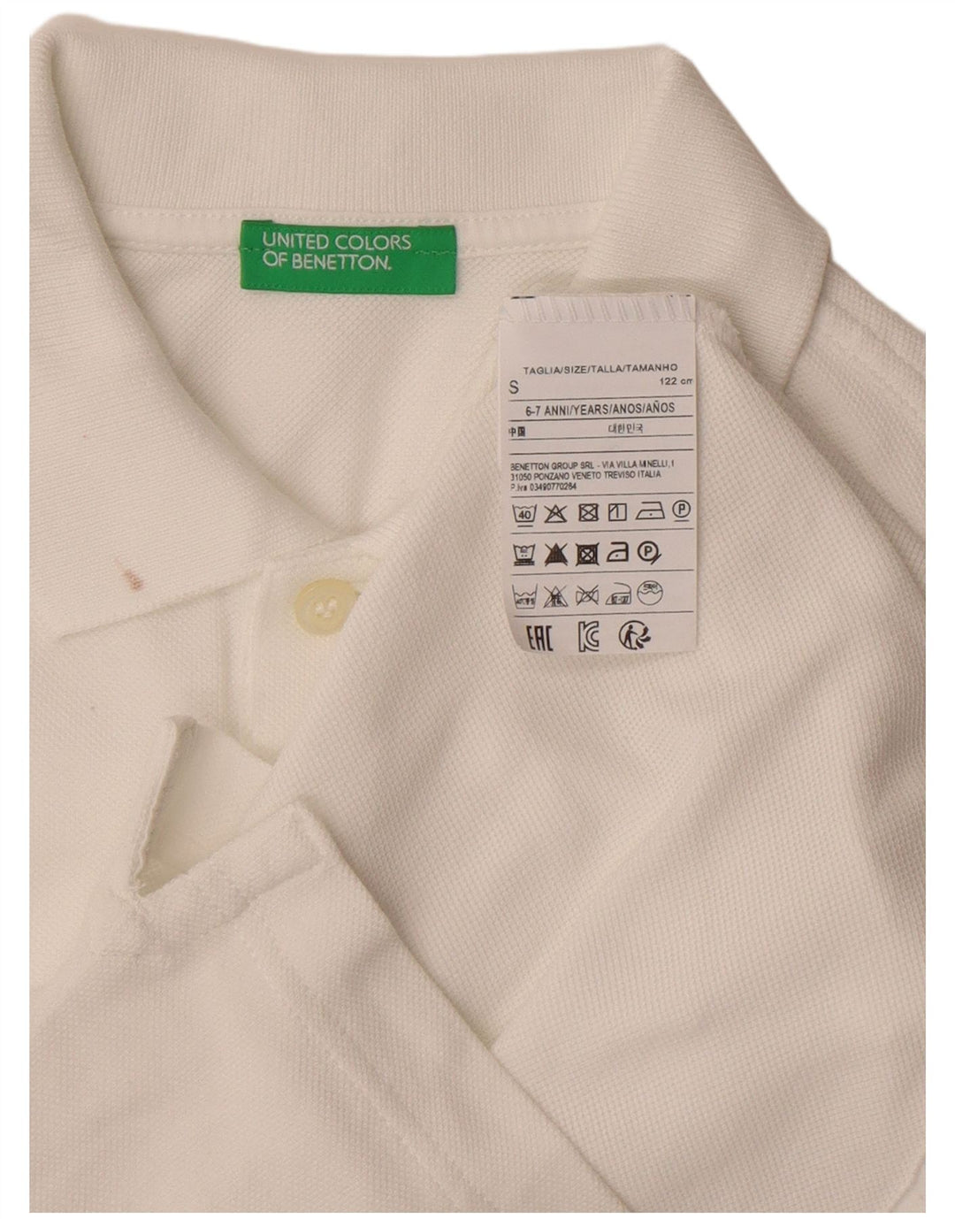 Benetton Jungen-Poloshirt, 6–7 Jahre, Größe S, weiße Baumwolle