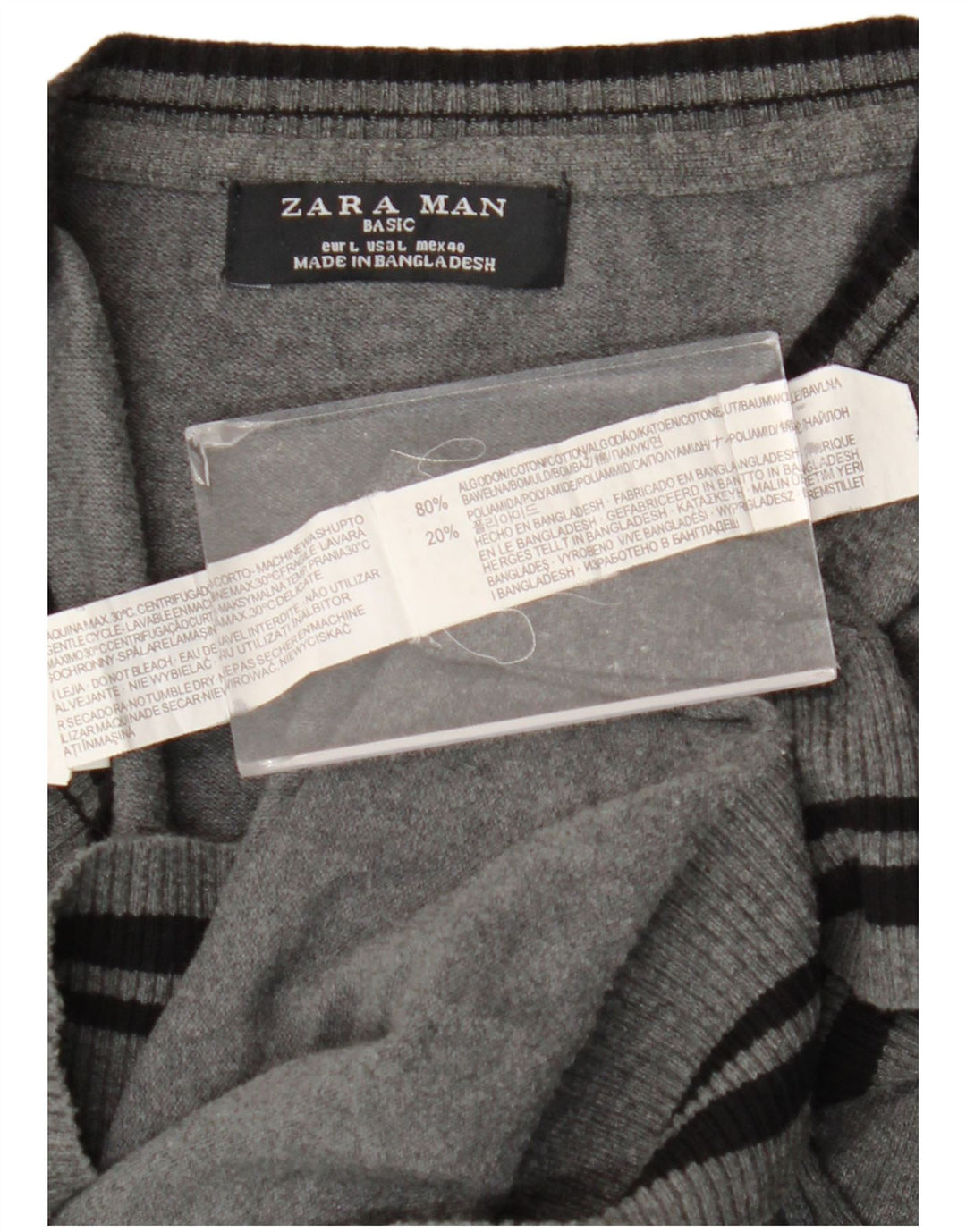 Zara Herren-Pullover mit V-Ausschnitt, groß, grau gestreift, Baumwolle