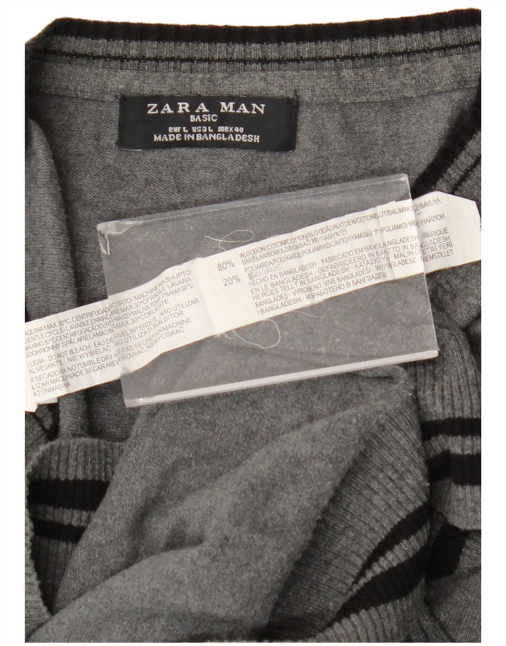 Zara Herren-Pullover mit V-Ausschnitt, groß, grau gestreift, Baumwolle
