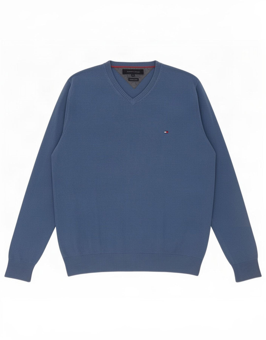 Tommy Hilfiger Herren-Pullover mit V-Ausschnitt aus mittelblauer Baumwolle