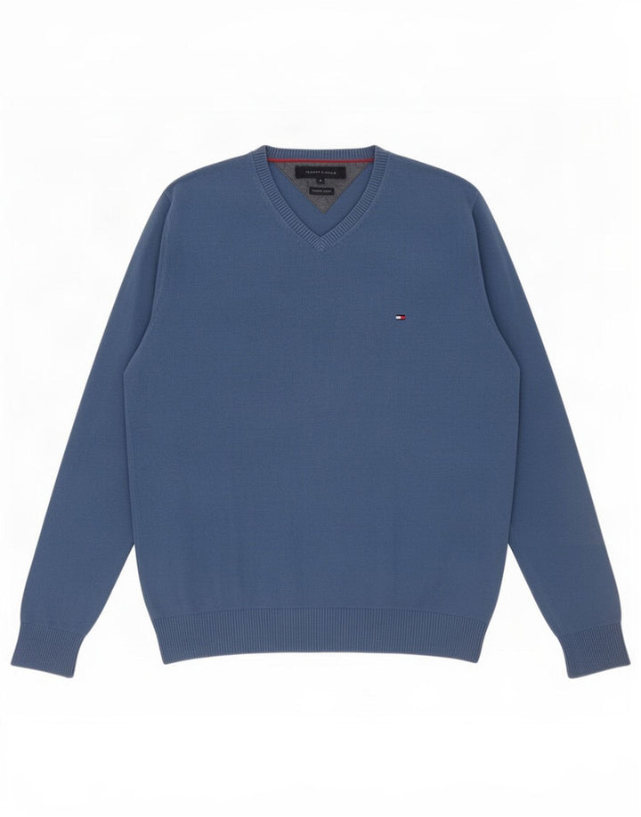 Tommy Hilfiger Herren-Pullover mit V-Ausschnitt aus mittelblauer Baumwolle