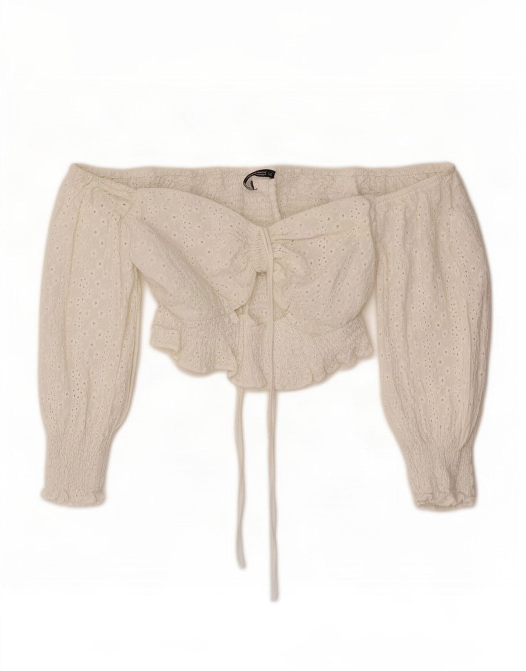 Zara Damen 3/4-Ärmel Crop Off Shoulder Top UK 12 Mittelweiß