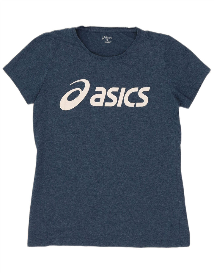 ASICS Damen Grafik-T-Shirt-Oberteil UK 12 Mittelmarineblau gefleckte Baumwolle