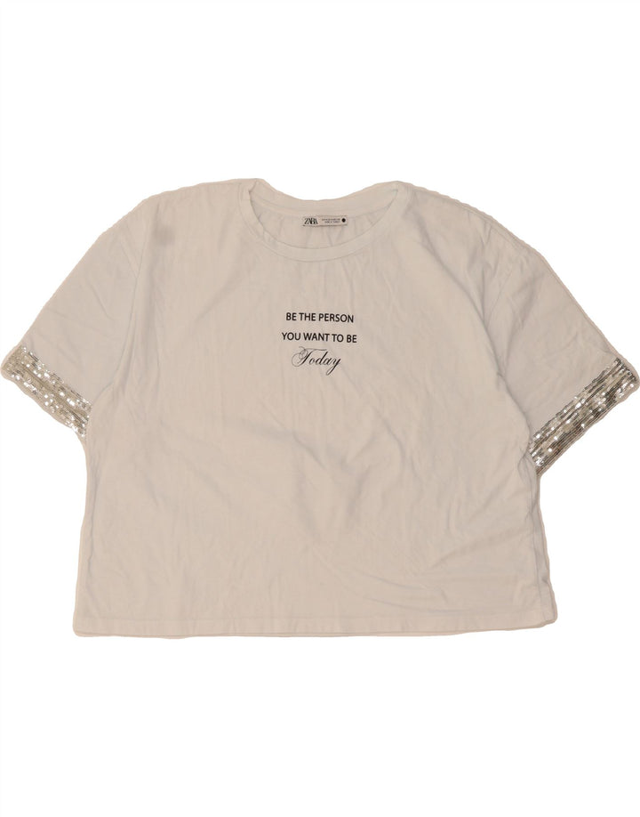 ZARA Womens Crop Graphic T-Shirt Top UK 14 Medium White Vintage Zara and Second-Hand Zara from Messina Hembry 