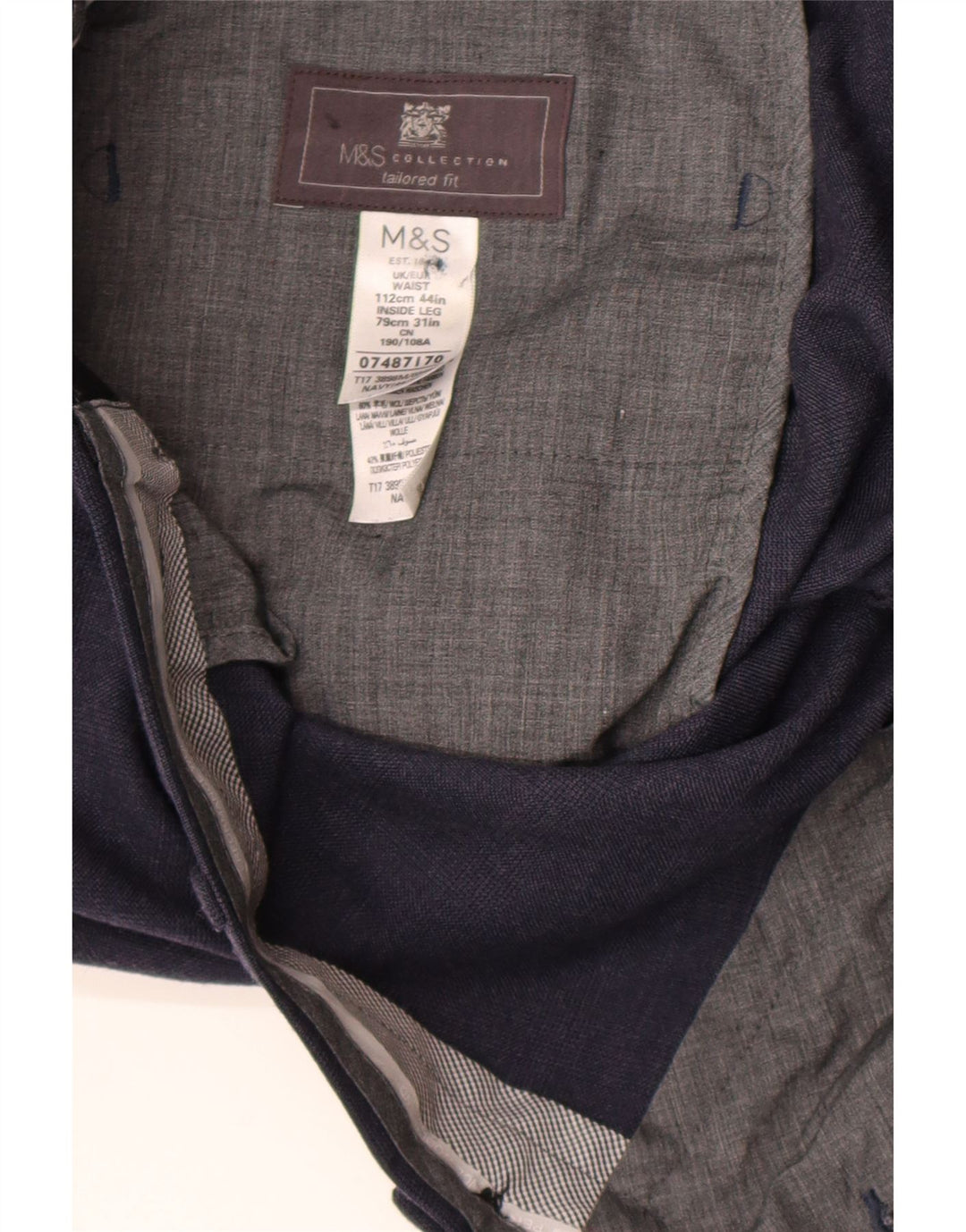Marks & Spencer Herren-Anzughose mit normaler Passform, W44, L31, marineblaue Wolle