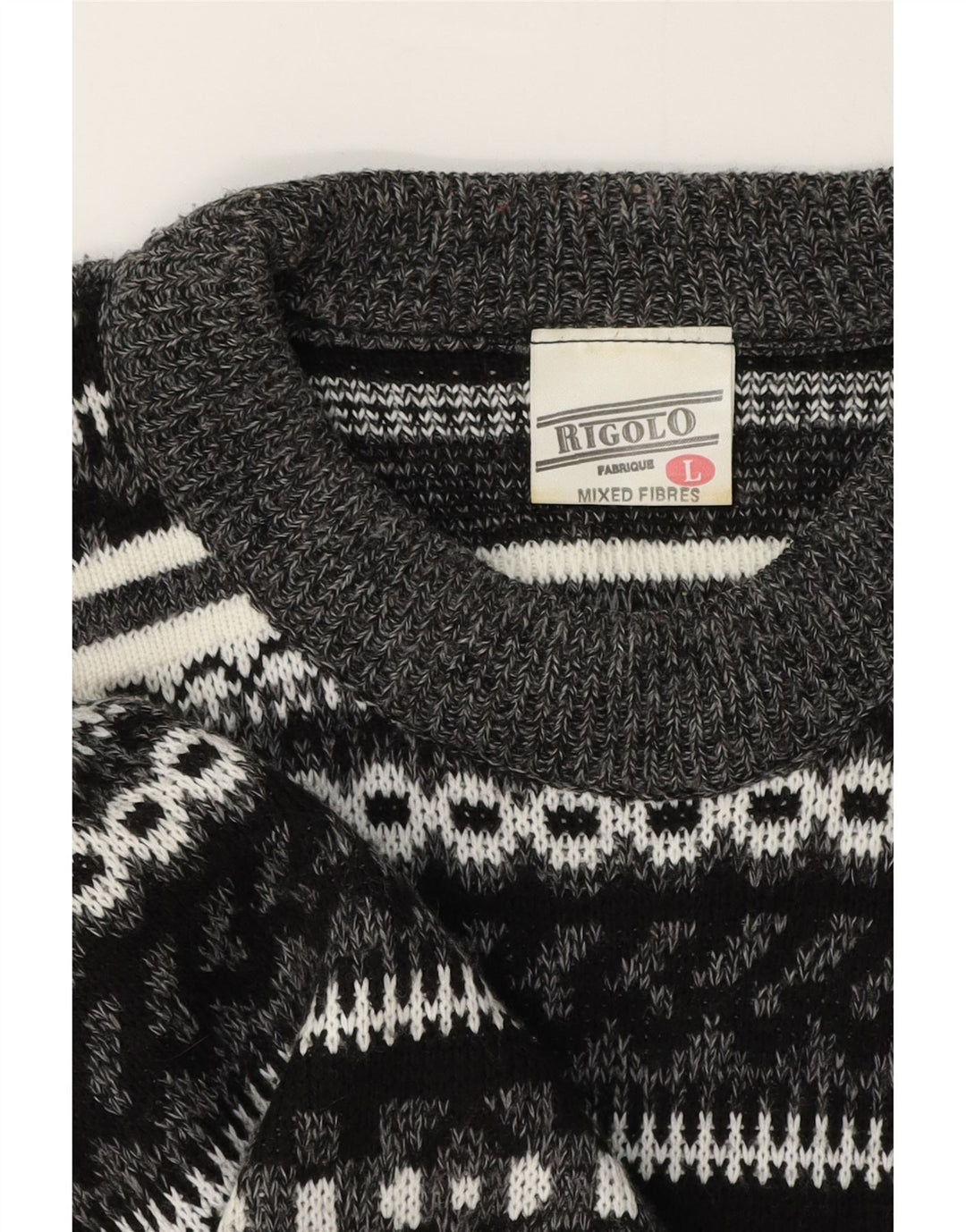 Vintage Herren-Pullover mit U-Boot-Ausschnitt, groß, Grau, Fair Isle