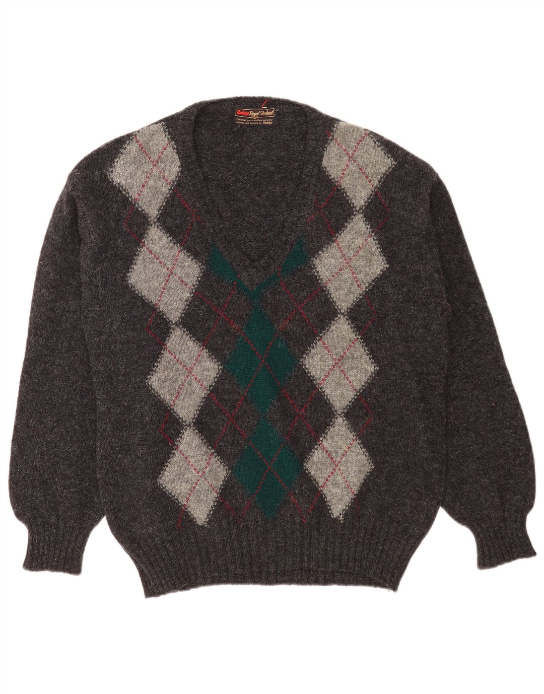 Rodrigo Herren-Pullover mit V-Ausschnitt, groß, graue Argyle-/Diamantwolle