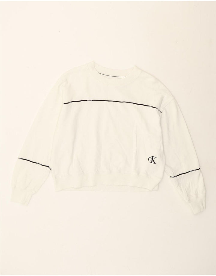 Calvin Klein Damen Crop Sweatshirt Pullover UK 14 Mittelweiß gestreift