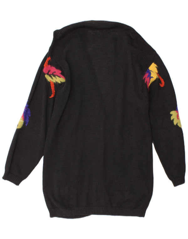 Vintage Damen Longline Cardigan Pullover UK 14 Medium Schwarz Floral Neuheit