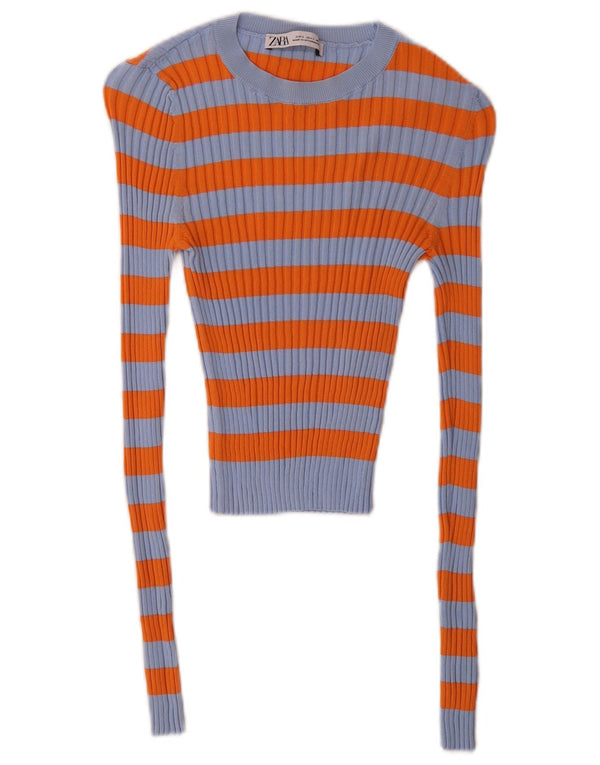 Zara Damen Crop-Pullover mit U-Boot-Ausschnitt, Gr. 10, klein, orange gestreift