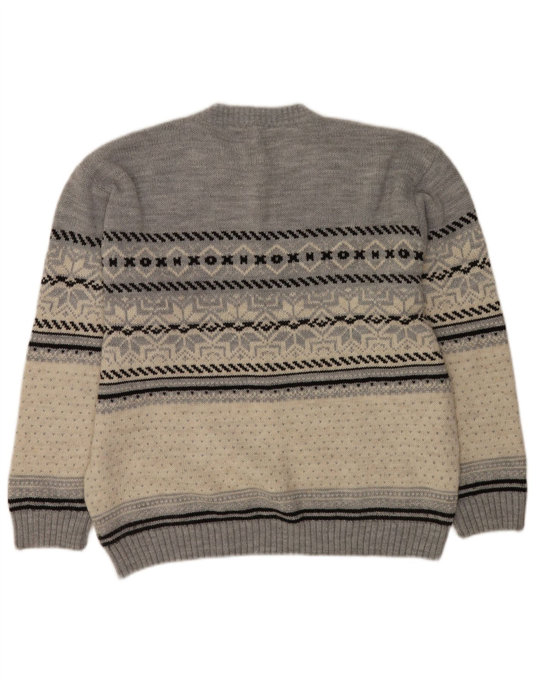 Vintage Herren Pullover mit Rundhalsausschnitt, Mittelgrau, Fair-Isle-Acryl