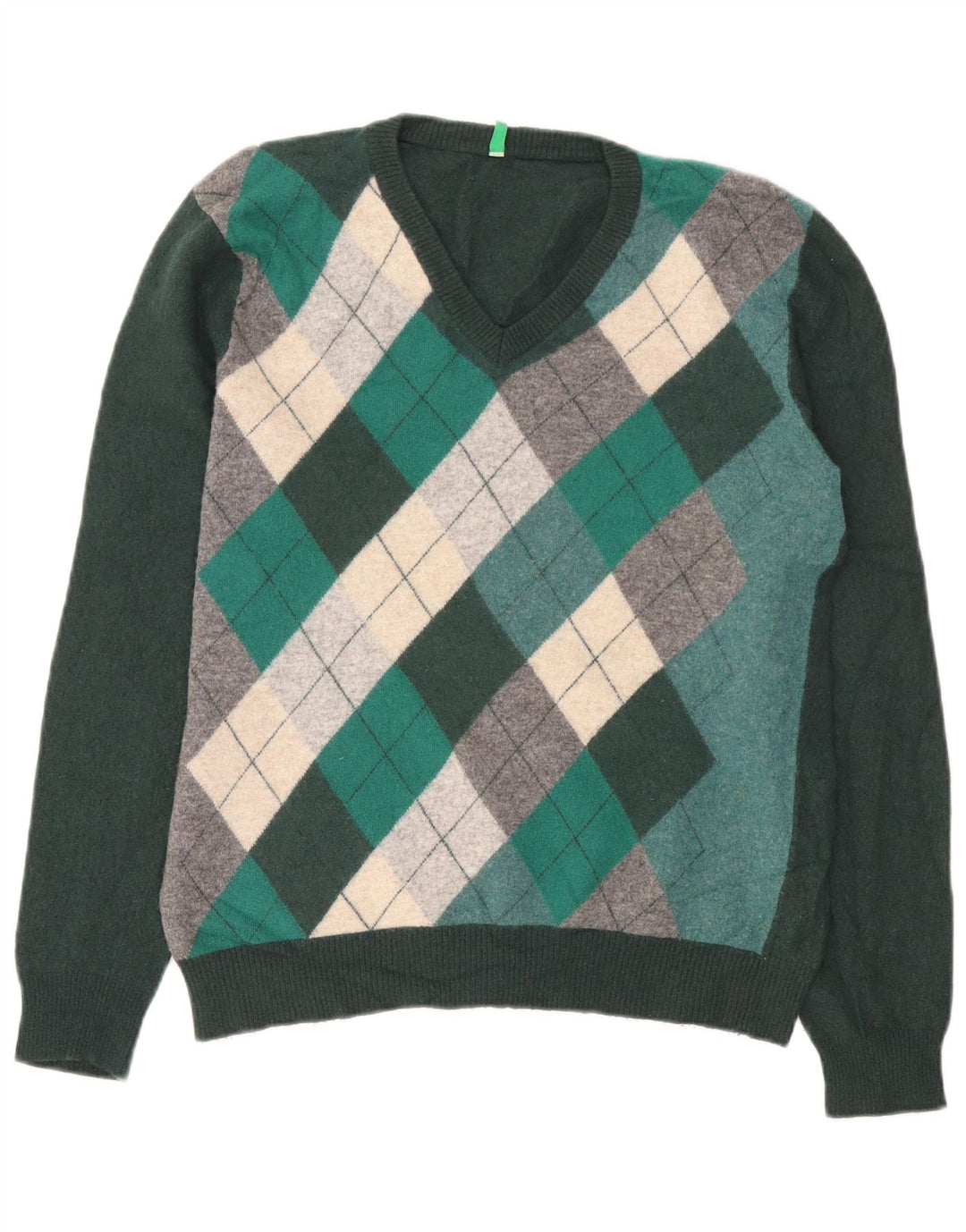 Benetton Damen-Pullover mit V-Ausschnitt, Gr. 14, mittelgrün, Argyle/Diamant