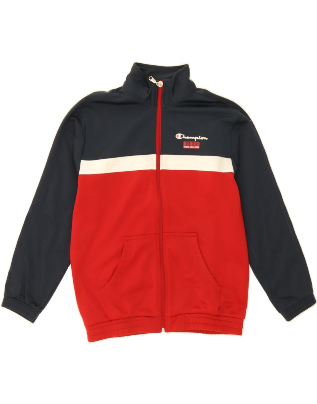 CHAMPION Boys Tracksuit Top Jacket 9-10 Years Medium Navy Blue Colourblock Vintage Champion and Second-Hand Champion from Messina Hembry 