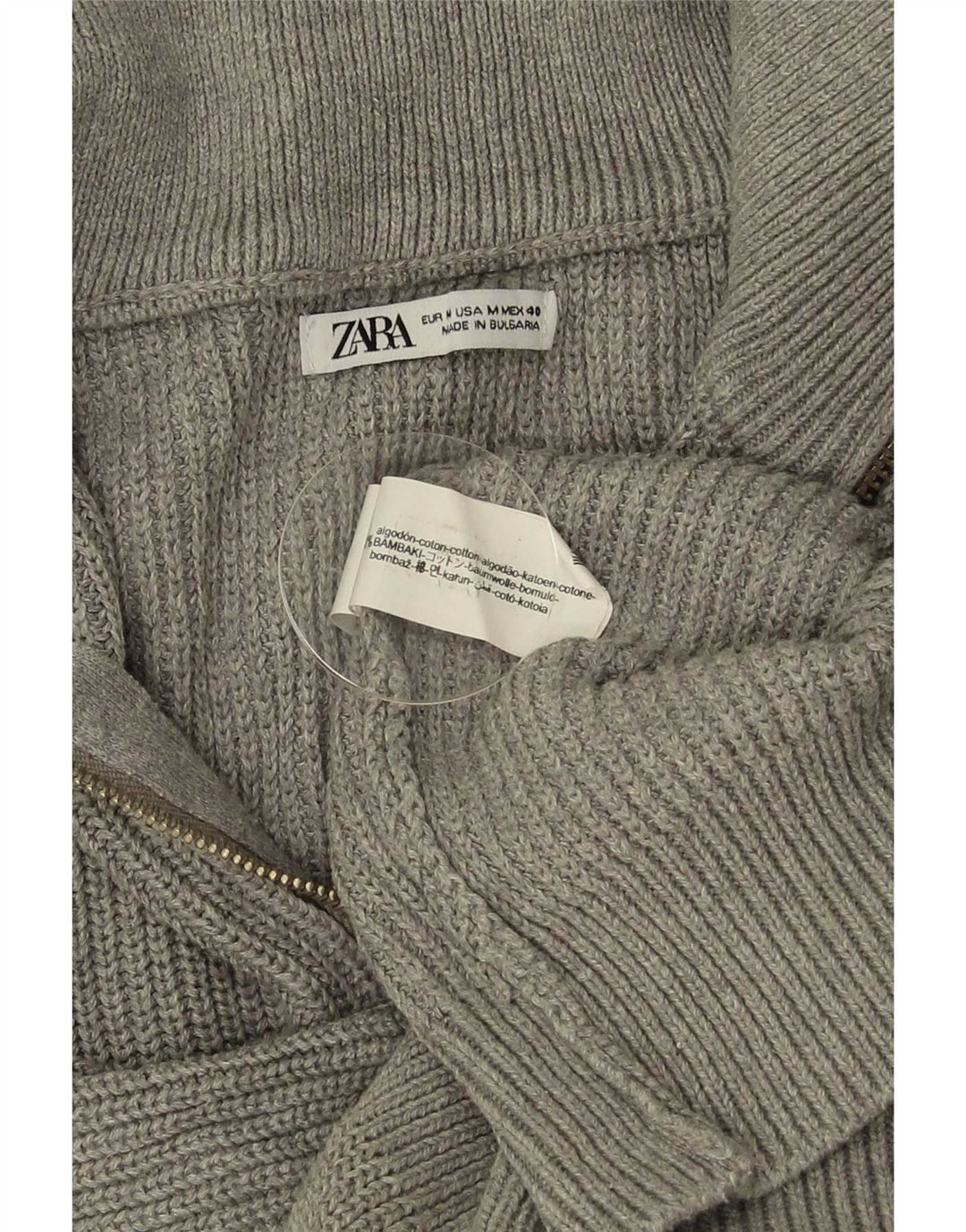 Zara Herren-Pullover mit Reißverschluss am Hals, mittelgraue Baumwolle