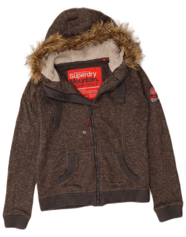 Superdry Damen-Kapuzenpullover mit Reißverschluss, UK 14, mittelbraun gefleckte Baumwolle