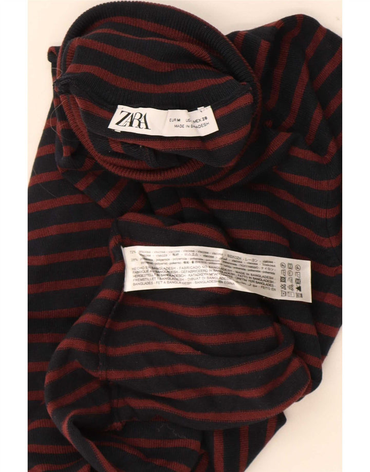 Zara Damen Top Langarm UK 12 Medium Marineblau Gestreifte Viskose