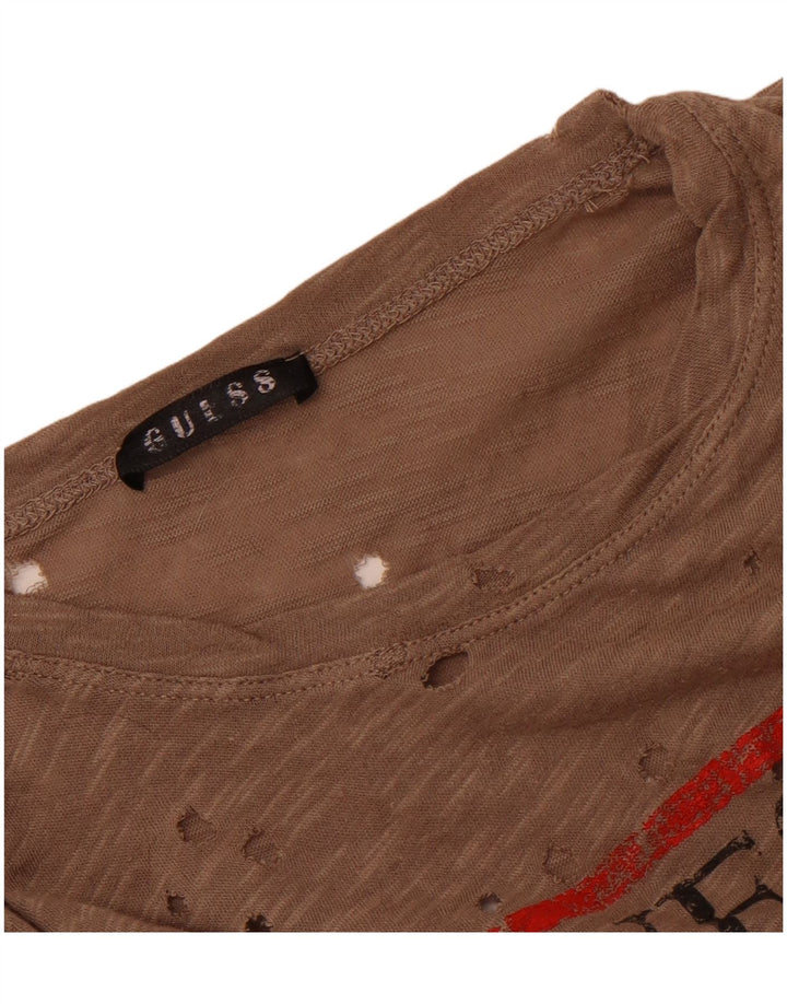 Guess Perforiertes grafisches T-Shirt-Oberteil für Damen, UK 14, Mittelbraun
