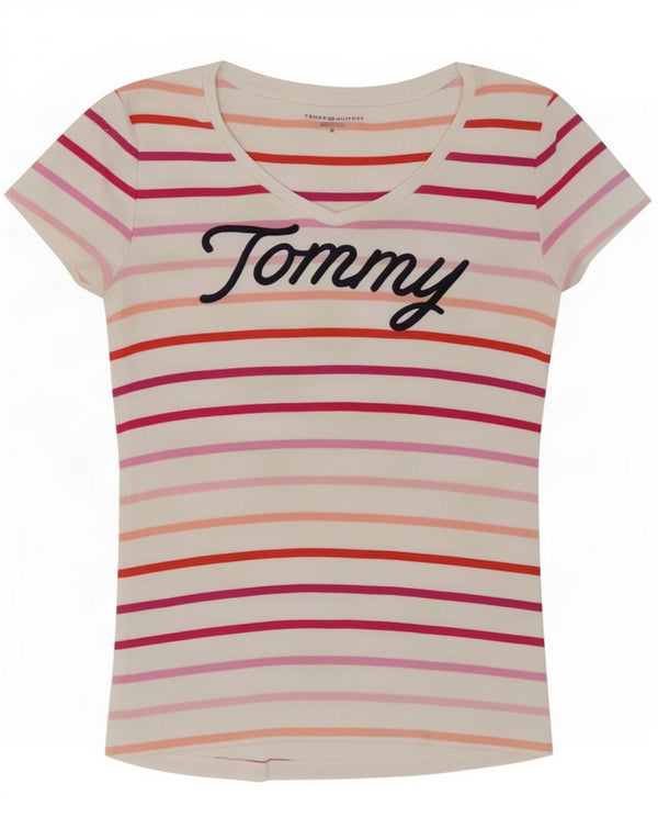 Tommy Hilfiger Damen-T-Shirt mit Grafik, UK 14, mittelweiß, gestreift, Baumwolle