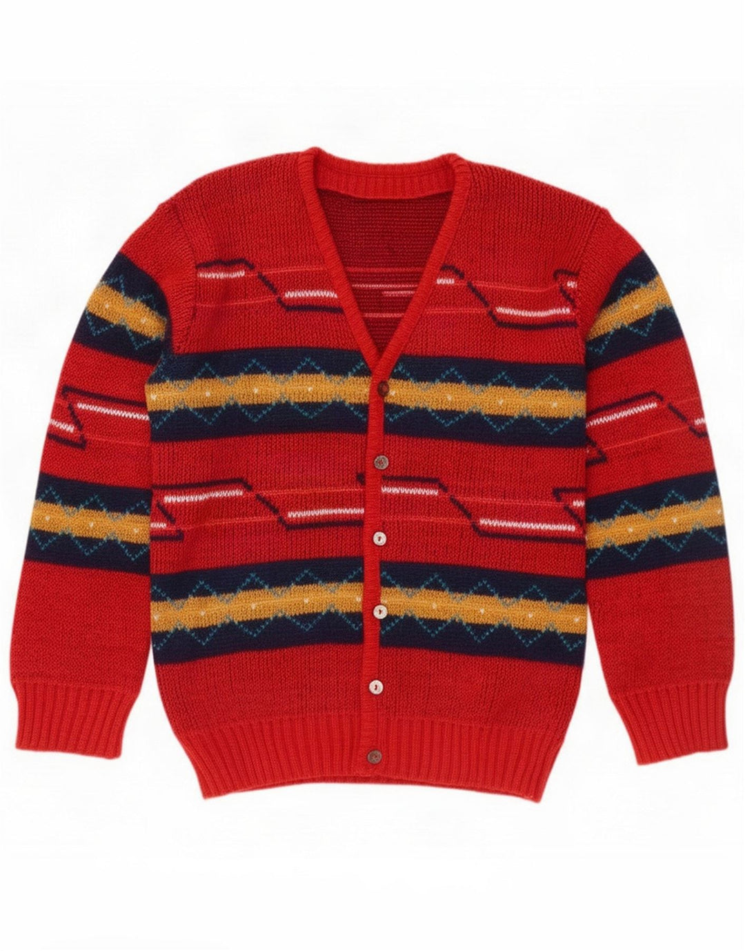 Vintage Herren-Cardigan-Pullover Mittelrotes geometrisches Acryl