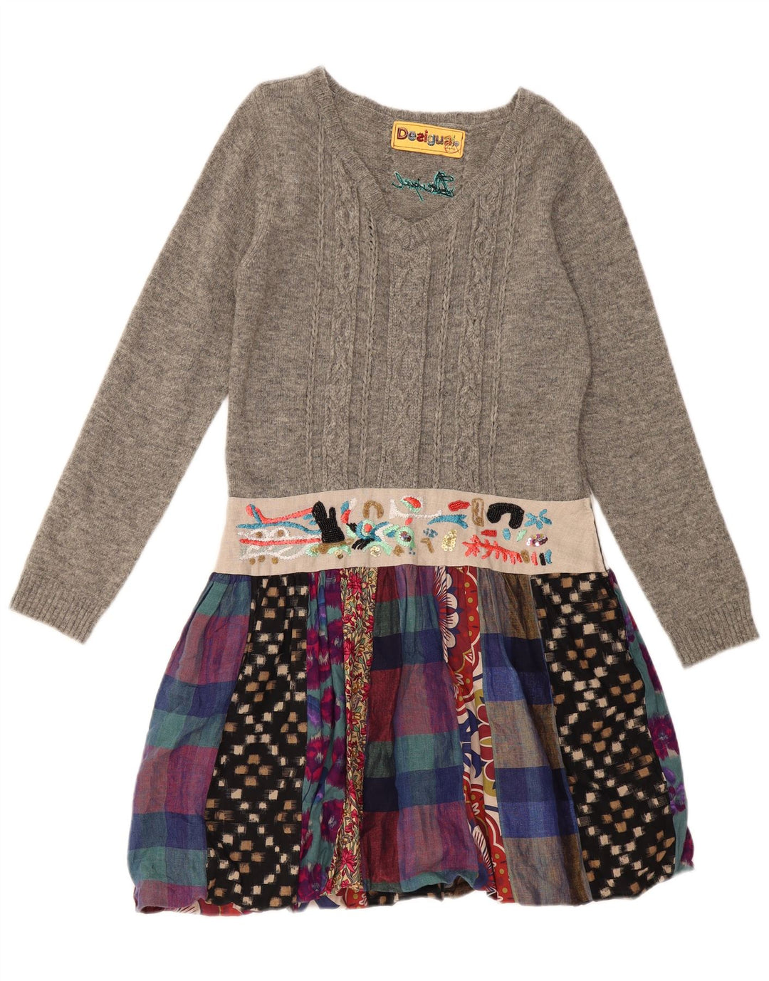 DESIGUAL Damen Langarm-Pulloverkleid EU 44 XL Graues Patchwork-Leinen