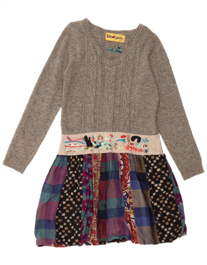 DESIGUAL Damen Langarm-Pulloverkleid EU 44 XL Graues Patchwork-Leinen