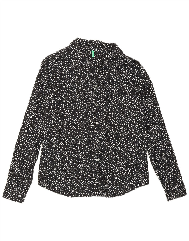 Benetton Womens Loose Fit Hemd mit abstraktem Muster UK 10 Small Schwarze Baumwolle
