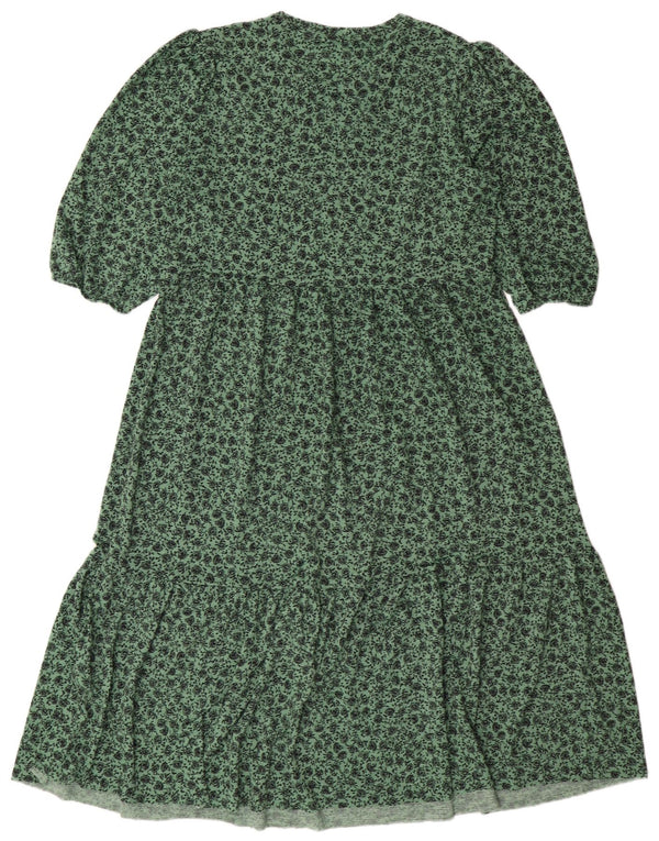 ZARA Damen A-Linien-Kleid UK 14 Mittelgrünes Blumenmuster aus Polyester