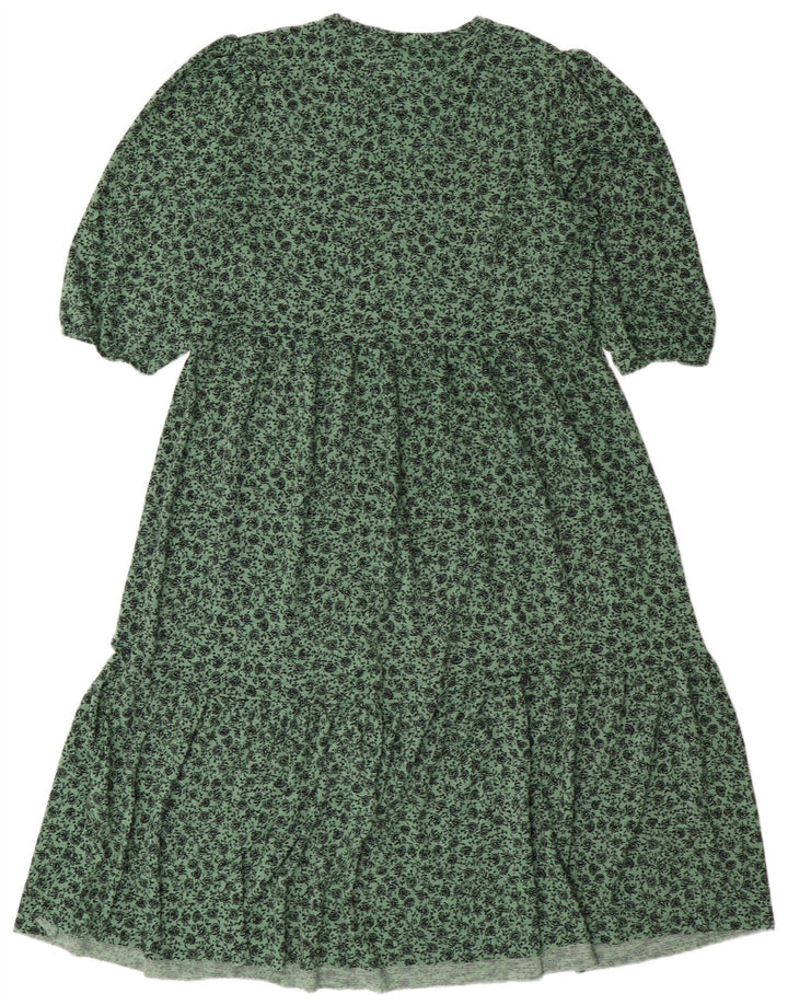 ZARA Damen A-Linien-Kleid UK 14 Mittelgrünes Blumenmuster aus Polyester