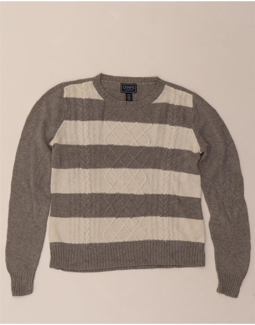 CHAPS Womens Crew Neck Jumper Sweater UK 10 Small Grey Striped Cotton Vintage Chaps and Second-Hand Chaps from Messina Hembry 