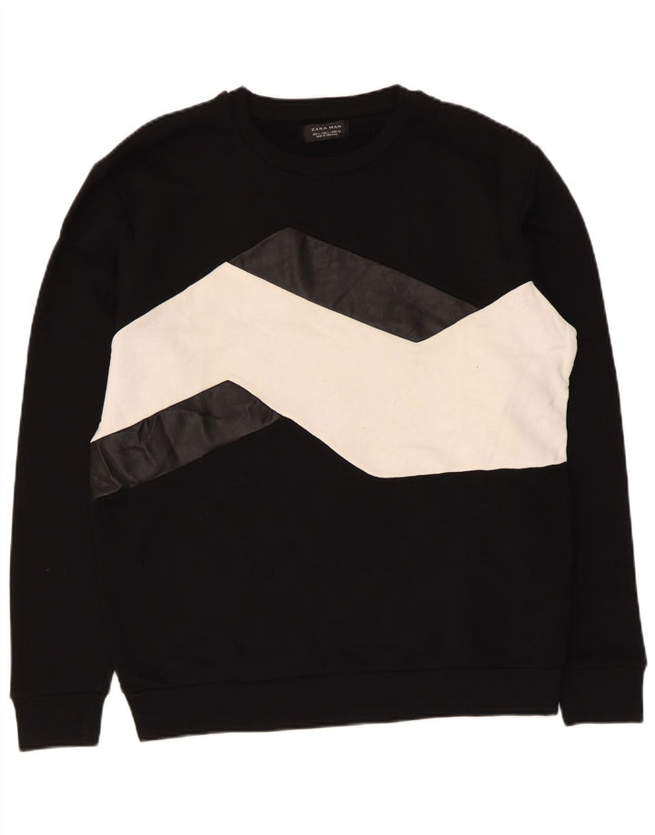 Zara Herren-Sweatshirt-Pullover, groß, schwarze Colourblock-Baumwolle
