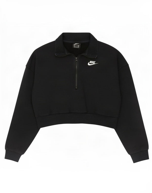 Nike Womens Crop Oversized Zip Neck Sweatshirt Pullover UK 6 XS Schwarz Baumwolle