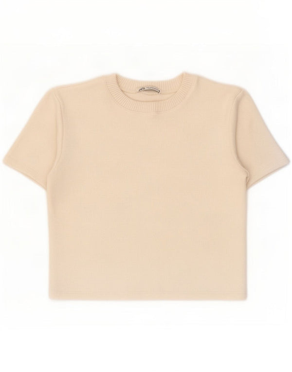 Zara Damen Crop T-Shirt Top UK 10 Small Off White Viscose