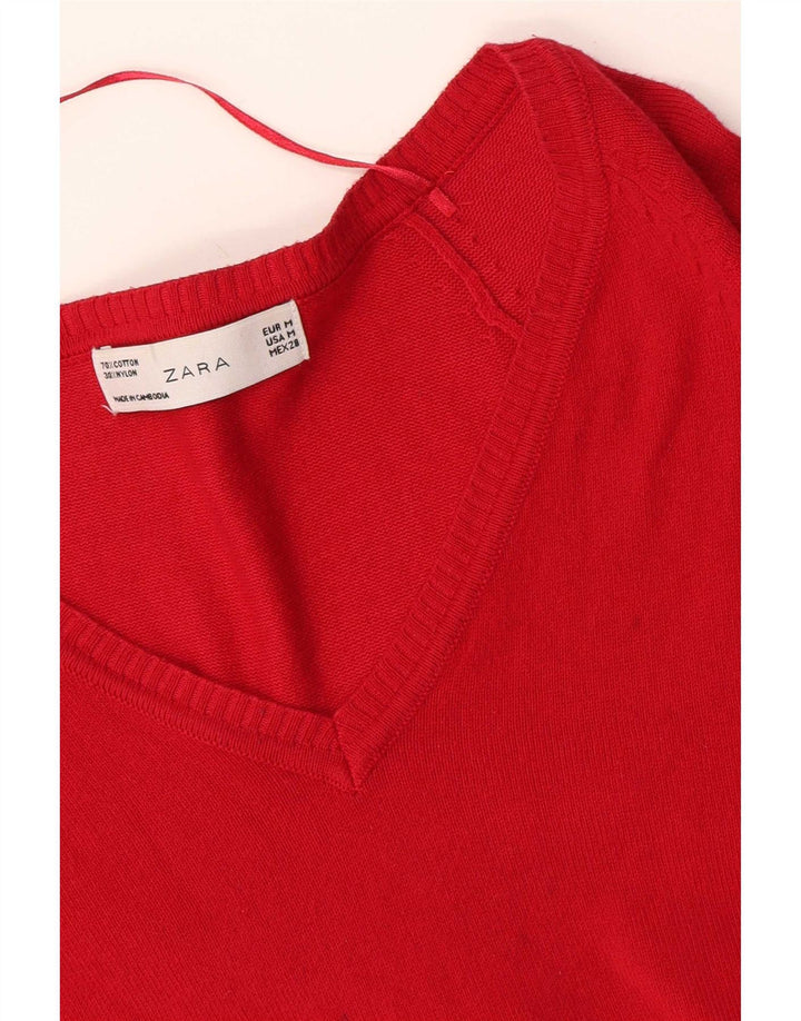 Zara Damen-Pullover mit V-Ausschnitt, UK 12, mittelrote Baumwolle