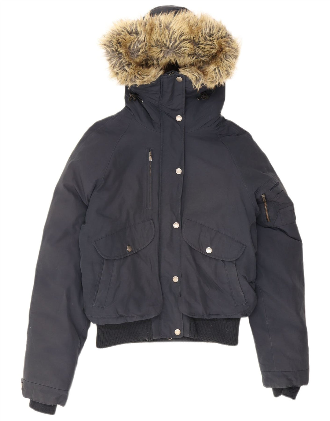 Woolrich Wattierte Damenjacke mit Kapuze, UK 12, mittelmarineblaue Baumwolle