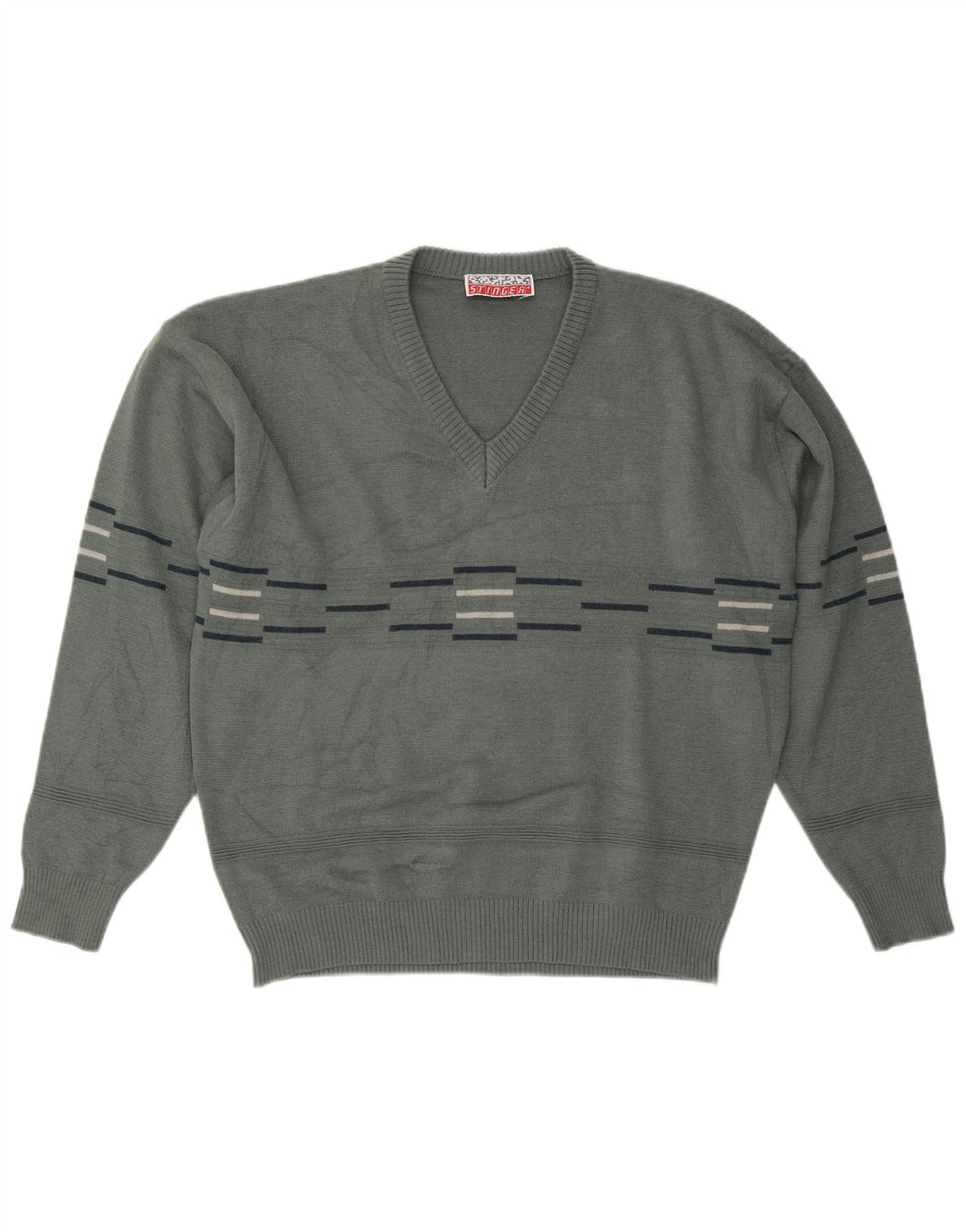VINTAGE Herren-Pullover mit V-Ausschnitt, groß, grau gestreift