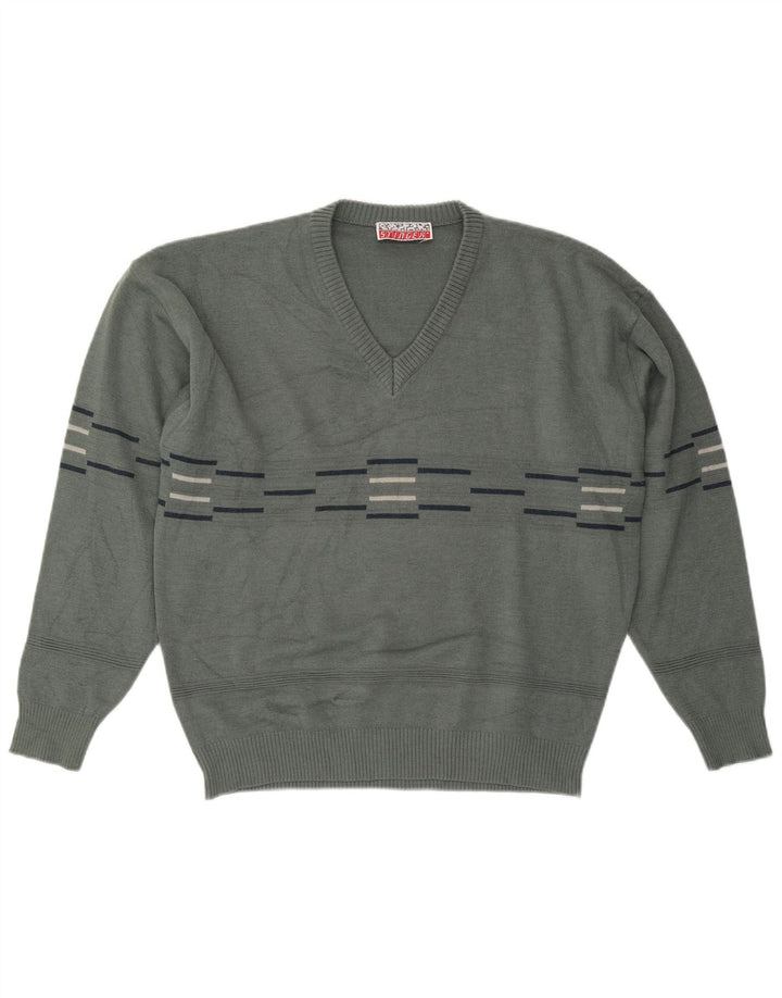 VINTAGE Herren-Pullover mit V-Ausschnitt, groß, grau gestreift