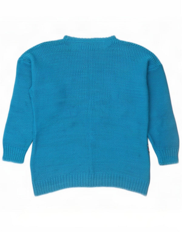 Vintage Damen Pullover mit U-Boot-Ausschnitt UK 14 Mittelblaue geometrische Baumwolle