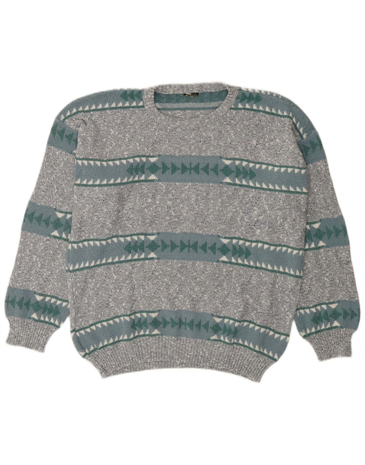 Vintage Herren Pullover mit Rundhalsausschnitt IT 50 mittelgraue geometrische Baumwolle