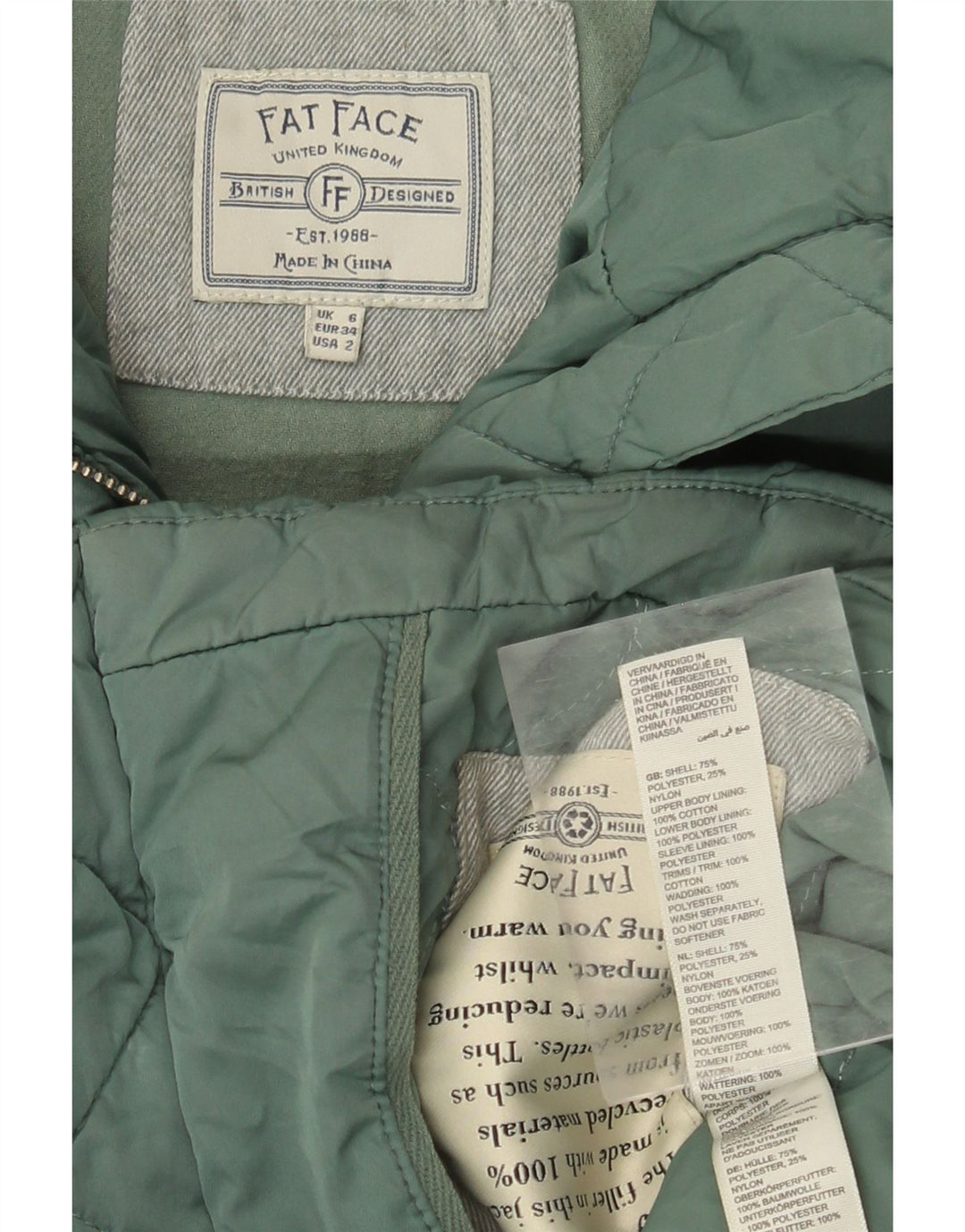 FAT FACE Damen Übergroße wattierte Jacke UK 6 XS Grün Polyester